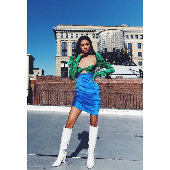 The Bar Twist Dress Emerald & Cobalt Green Blue - Picture 2 of 8